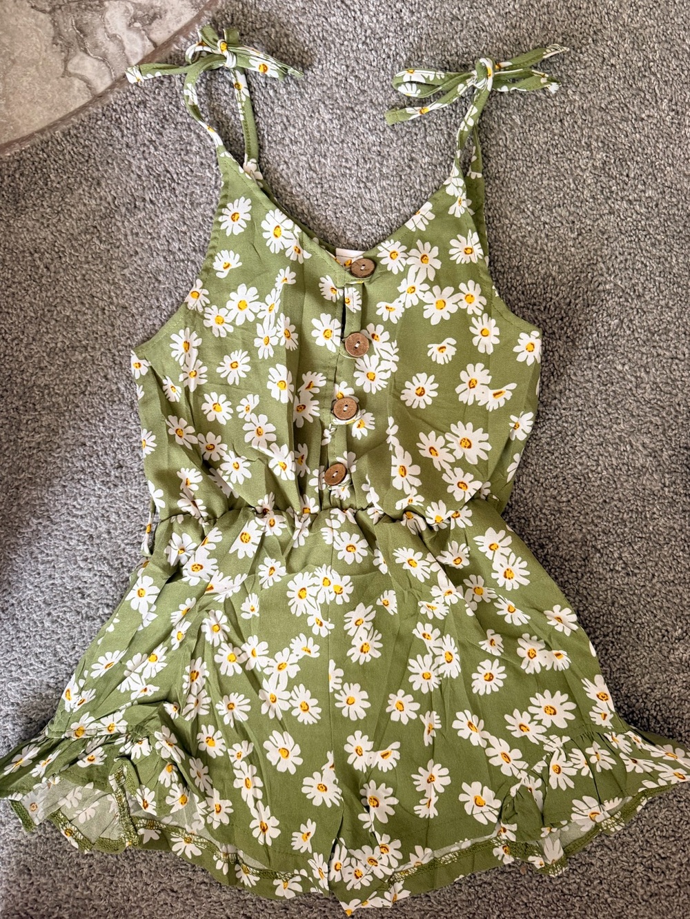 Green Daisy Print Tie-Shoulder Romper